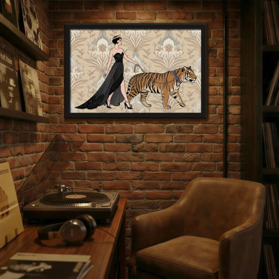 Animals Elegant Woman Walking Tiger On Leash