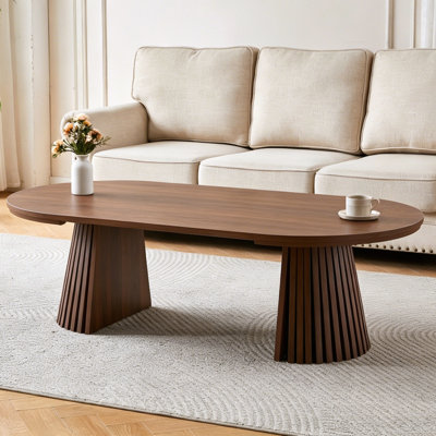 Table basse en bois ronde en bois, flexible et extensible, multifonctionnelle et peu encombrante, conception ovale à la mode et pieds à lattes, table à thé ou bureau, table de salon moderne
