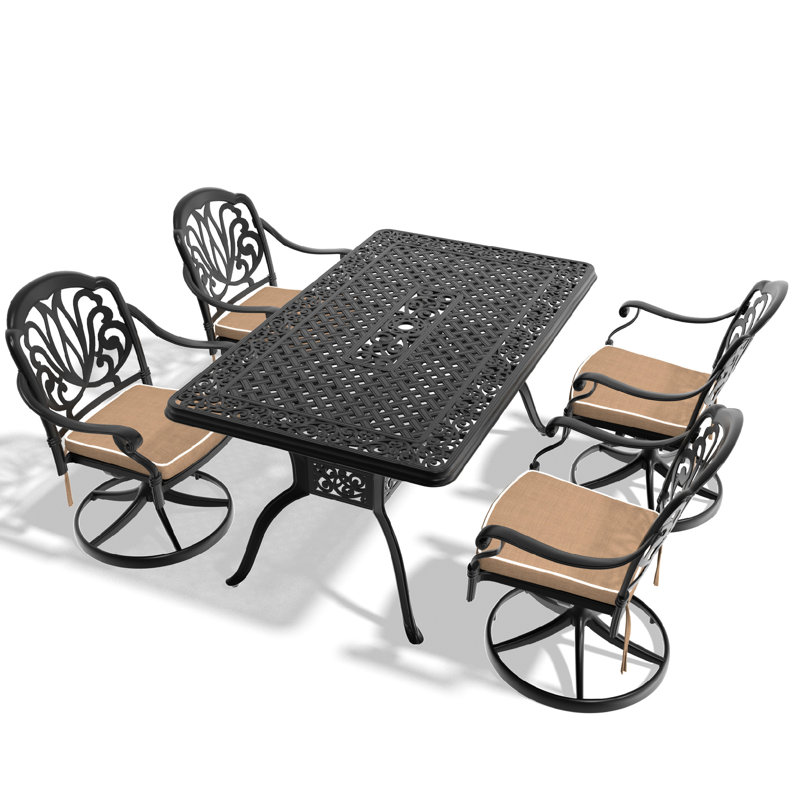 5 ensembles de salle à manger en fonte d'aluminium pour l'extérieur - 4 chaises pivotantes et table rectangulaire, noir, styles de sculpture ornés, fabrication, sièges confortables, capacité de siège de 350 lb, table simple de 160 lb