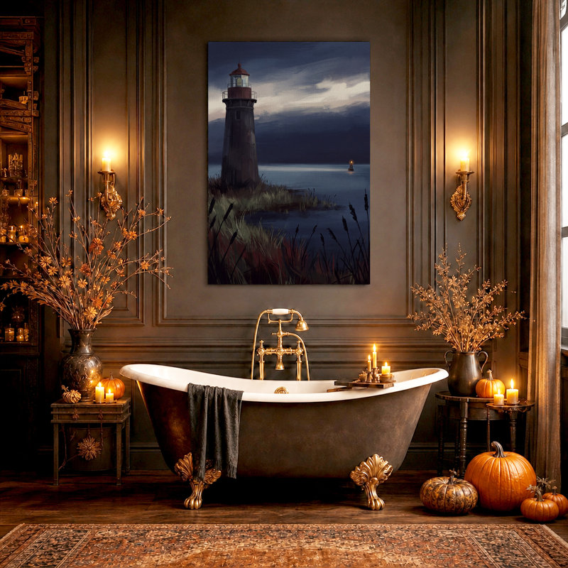 Peinture de phare au crépuscule, toile murale d'Halloween, 24"H x 16"W