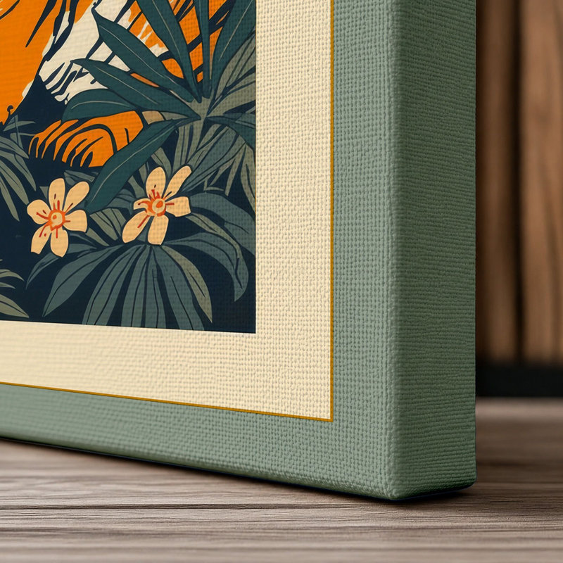 Tiger in Jungle Japandi - Wrapped Canvas, 18x12 - 45.7 x 30.5 cm, Sage Border