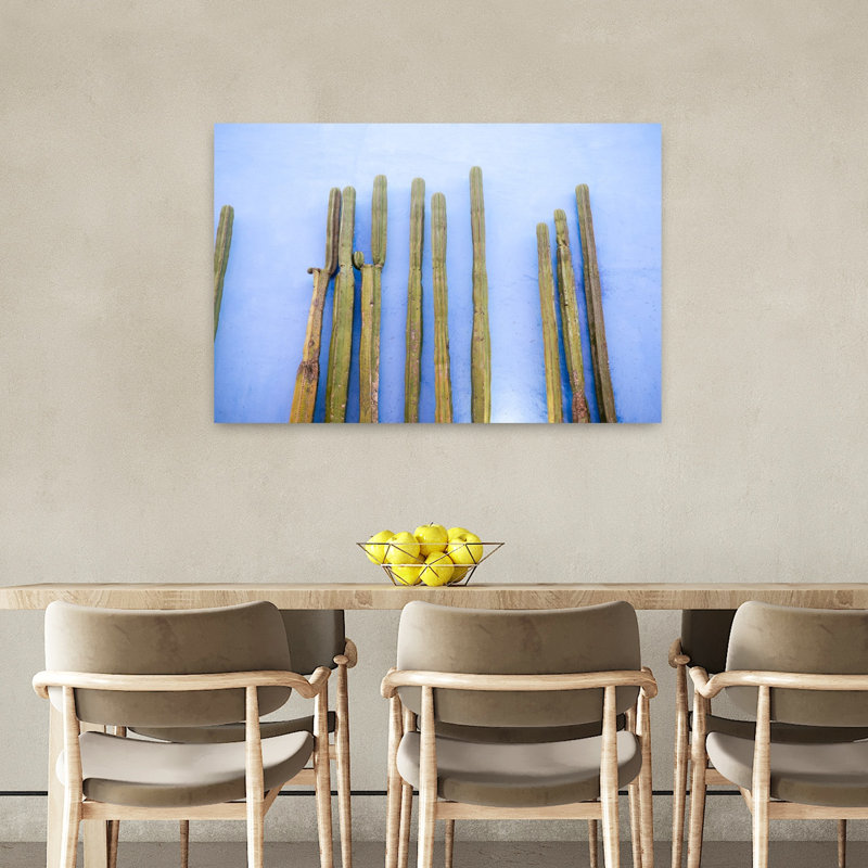 Tall Cacti on Blue | Oaxaca Mexico Travel Colorful Abstract Contemporary Cactus City Landscape Wall Art Print 1 Piece Wrapped Canvas Wall Art