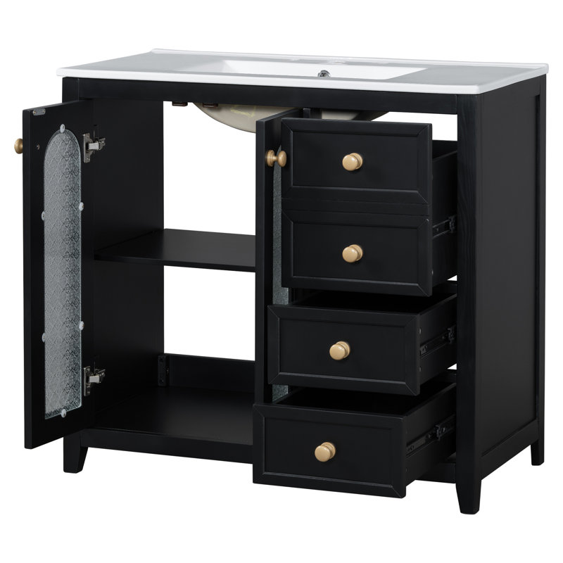 Meuble-lavabo de 36 pouces avec deux portes à fermeture douce, des tablettes réglables et trois tiroirs, Noir