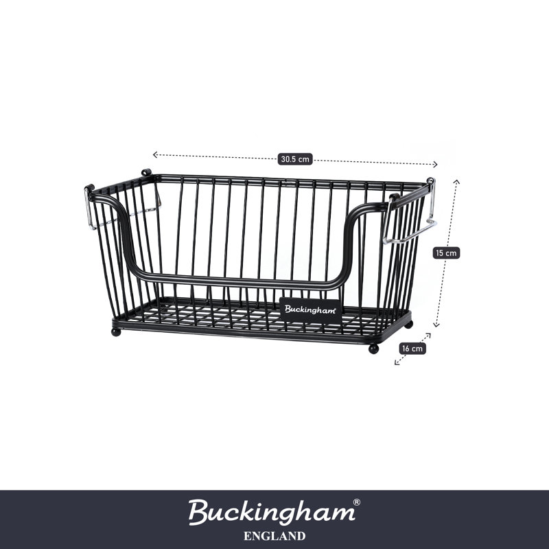 Buckingham Multi-Purpose Stackable Storage Organising Basket, 16cm H x 17cm W x 31.5cm D, Black