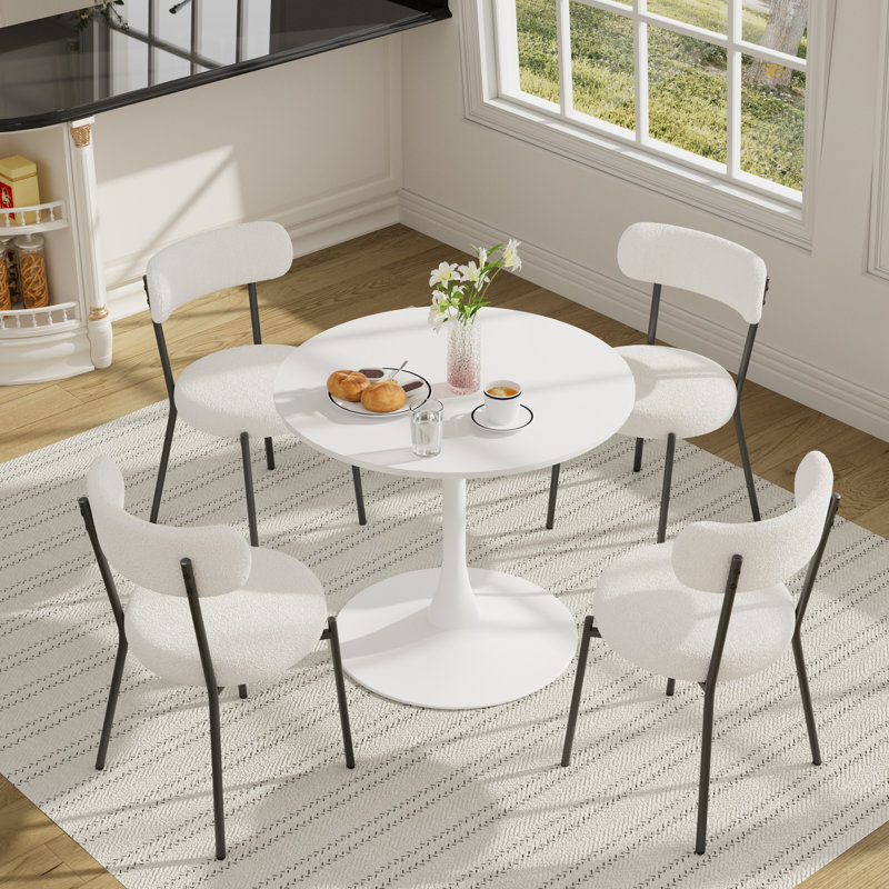 Ensemble de salle à manger à piédestal rond 5 pièces, Blanc, Blanc, Blanc