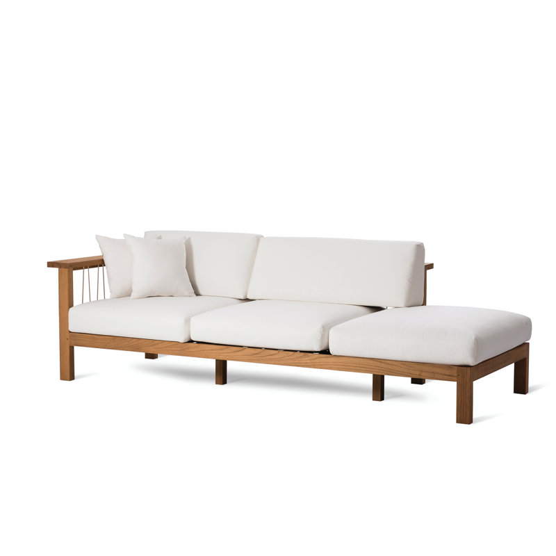 Chaise longue en teck avec coussins Maro, Toile Sunbrella® naturel
