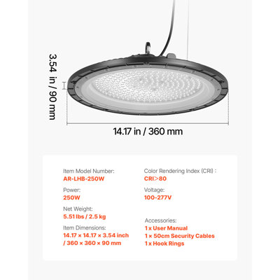 Ensemble de 6 luminaires DEL industriels, 5000K 250W 36000LM, ultra-lumineux, style OVNI, étanches IP65, large plage de tension 100-277V, pour entrepôt, atelier, usine, salle de sport, garage, grange, noir.