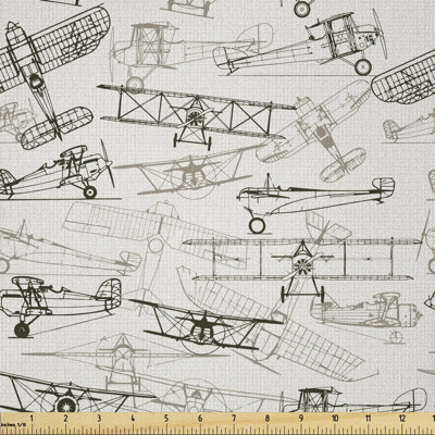 Tissu avion de la cour, motif rétro de style dessiné à la main de transport à l'ancienne, tissu en microfibre pour textiles et décors artisanaux, 1 verge, vert olive brun clair