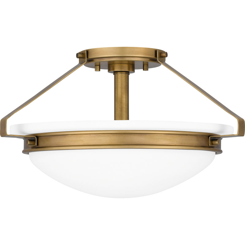 Plafonnier semi-encastré 2 lumières 15, Laiton vieilli, Opale