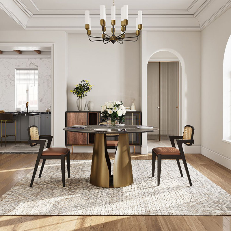51" Vera Modern Round Dining Table, Sintered Stone Tabletop With Carbon Steel Pedestal Base for Kitchen, Matte Black, Bronze
