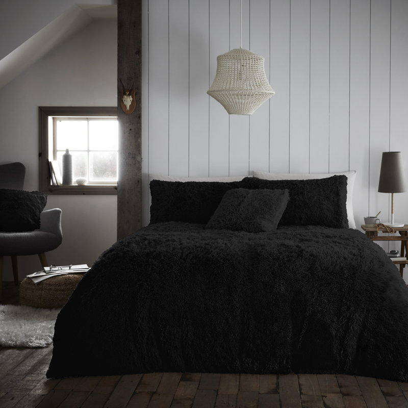 Solid Colour Duvet Cover Set with Pillowcases, Kingsize - 2 Standard Pillowcases, Black