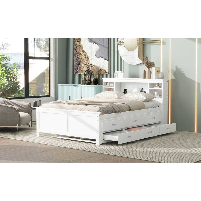 Lit plateforme avec rangement pleine grandeur avec tête de lit, 3 tiroirs, lit gigogne simple, tiroirs en bois massif blanc et fabrication