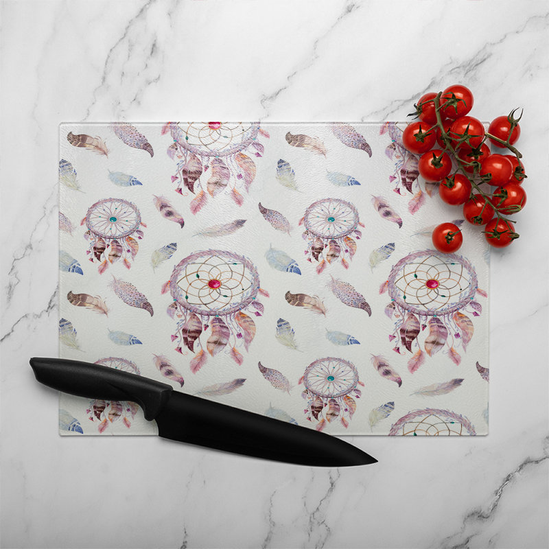 Dreamcatcher And Feather Pattern Glass Chopping Board