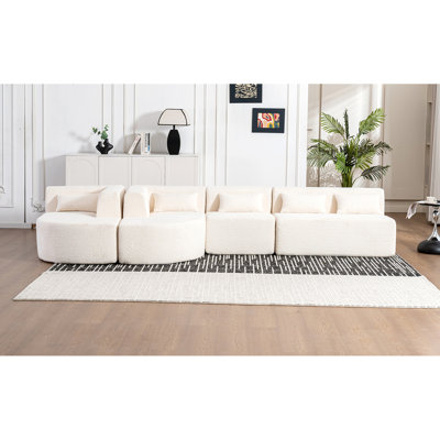 Mobilier de salon beige de 144 po - Combinable avec deux chaises longues et cinq coussins, tissu, support rembourré pour ornements de maison, -combinable, chiffon doux, système de support stable