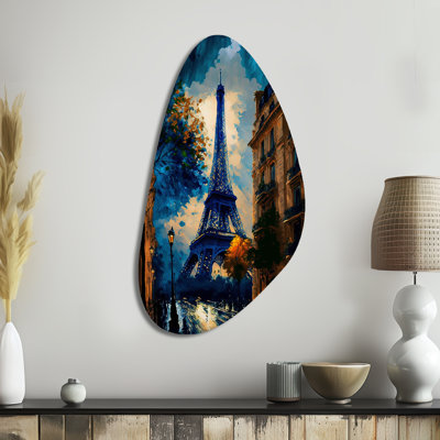 «Blue Eiffel Tower In The Autumn - French Landscape Fall Shape», art mural en métal asymétrique