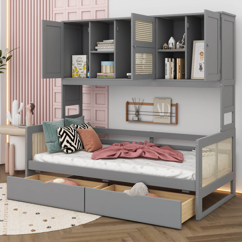 Lit de jour polyvalent en bois avec 2 tiroirs, une armoire et une tablette, Lit double, Gris