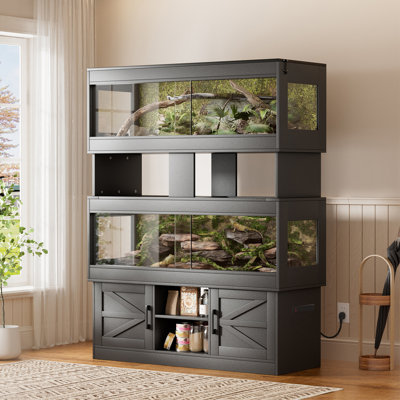 Terrarium double de 80 gallons avec support et meuble, enclos 2 en 1 pour dragon barbu avec prise électrique intégrée, grand terrarium pour serpents, lézards, geckos ou tortues