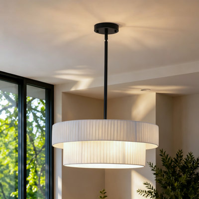 Modern Double Drum Fabric Pendant Light, Large Hanging Ceiling Chandelier Fixture with Dual Layer Fabric Shade, Ideal for Dining Room, Living Room, Bedroom, and Kitchen