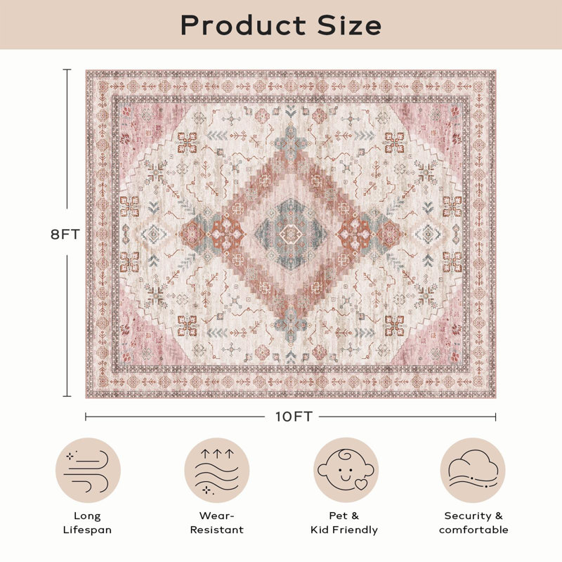 Area Rug, Power Loomed Washable Non-Slip, Vintage Pinkish-white, Area 8'x 10'
