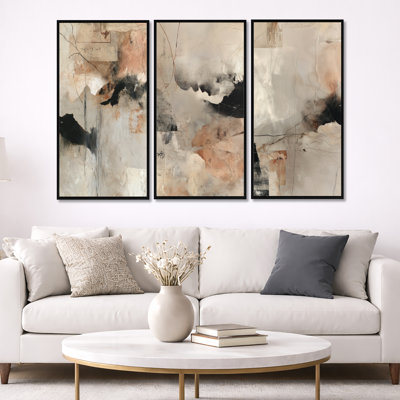 «Black and Gray Brushstroke», peinture abstraite III - art abstrait encadré à 3 panneaux