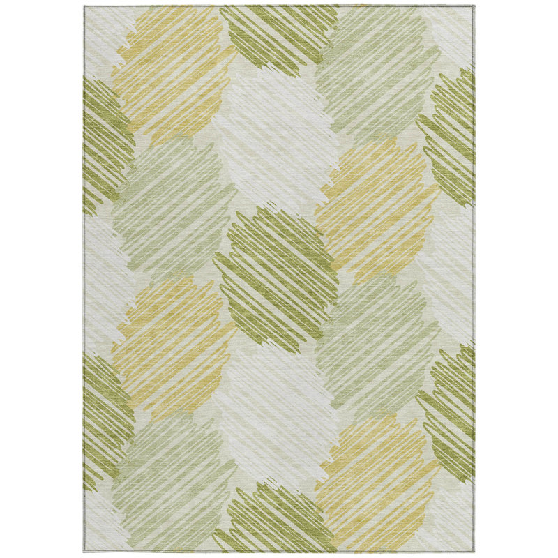 3' X 5' Green Ivory And Gold Geometric Washable Indoor Outdoor Area Rug
