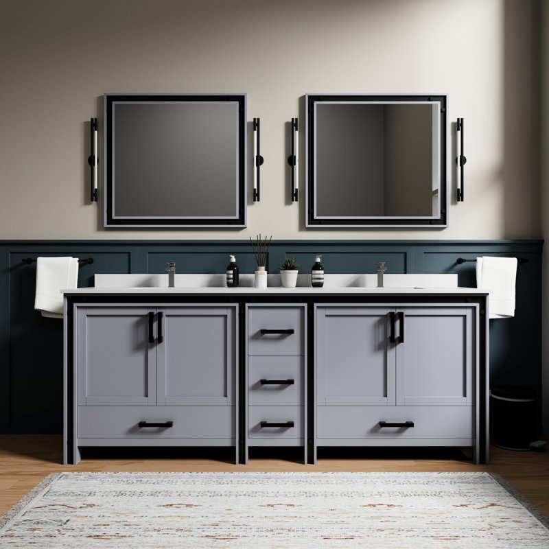 84 po. Gris foncé Ensemble de meuble-lavabo double avec comptoir en marbre, robinet et 34 miroirs W, Gris foncé, 84"