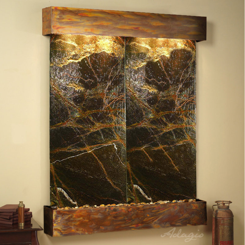 Majestic River Natural Stone Fountain with Light, Rainforest Green Marble, Rustic Copper
