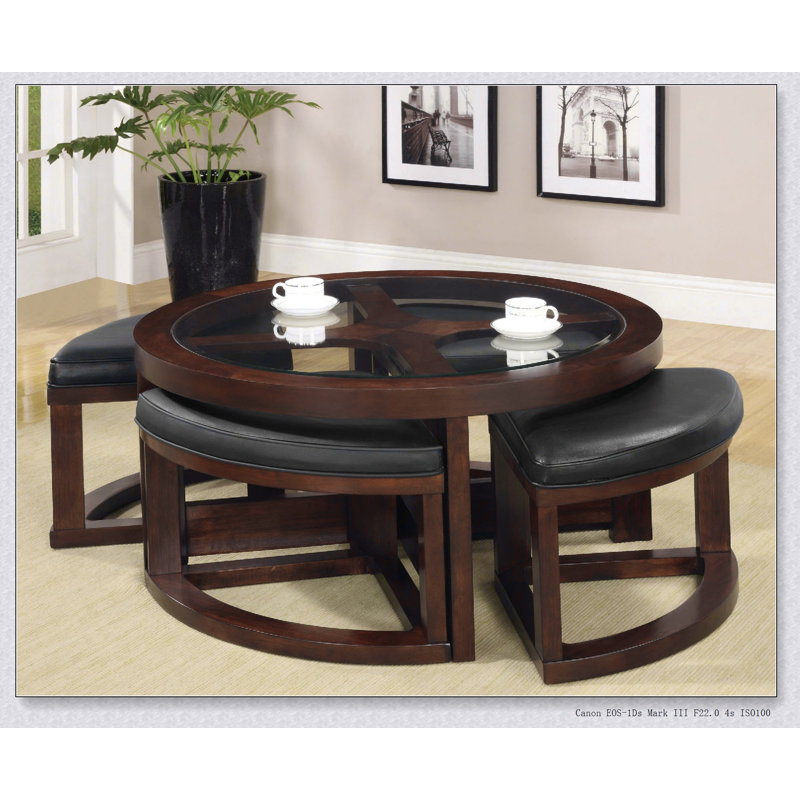 Walnut Coffee Table With Glass Insert Top And Ottoman Set For Modern Living Rooms, Multi-Functional And Stylish Furniture