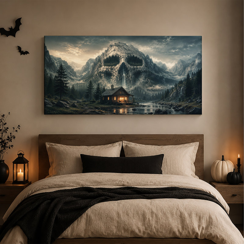 Toile murale surréaliste représentant une montagne de crânes avec cascade et éclairage d'Halloween, L 40 po x H 20 po