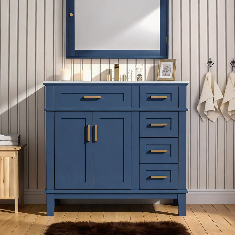 36" Blue Modern Bathroom Vanity with Ceramic Sink | Soft-Close Door and 4 Storage Drawers, Refined Look with Practical Functionality