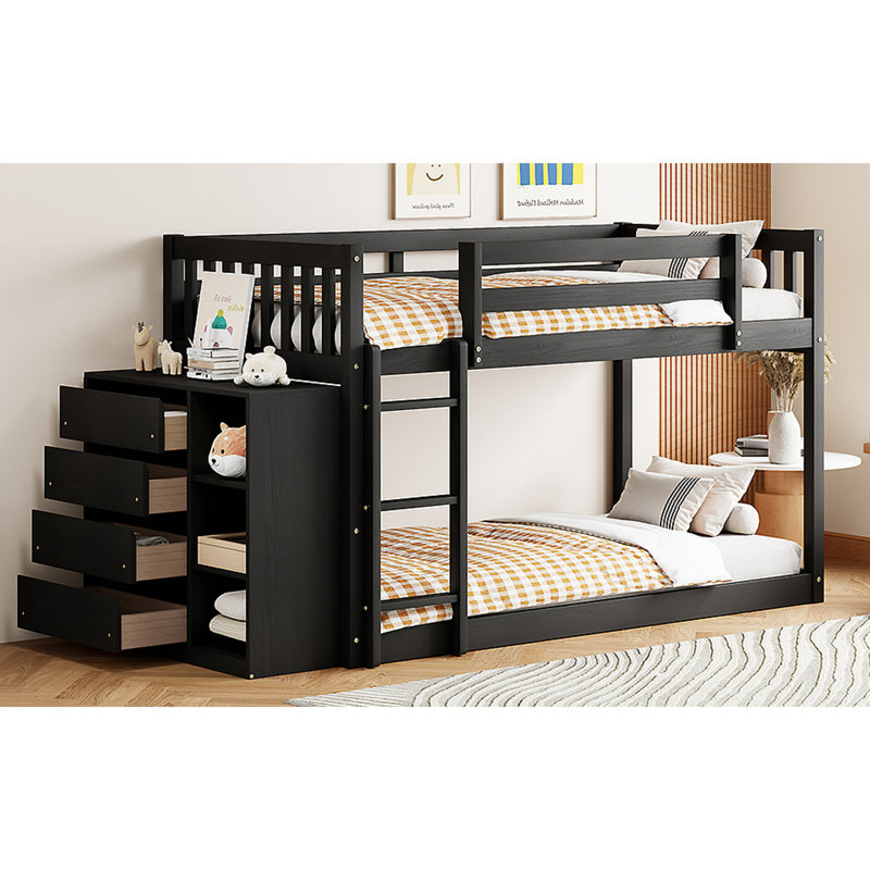 Lit superposé avec 4 tiroirs et 3 tablettes, Simple sur simple, Espresso