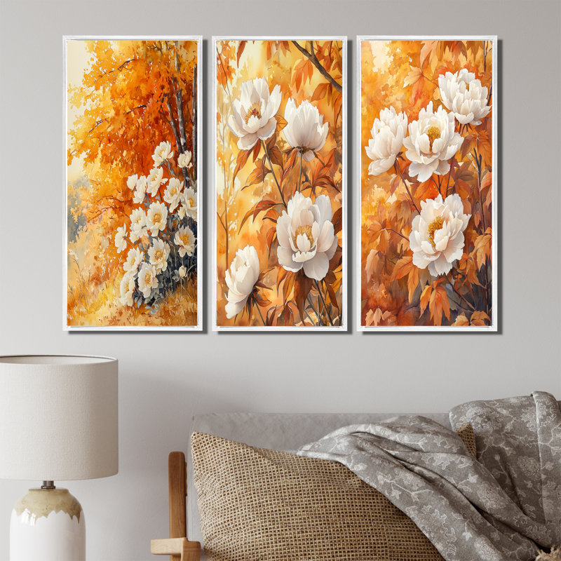 Pe pivoines par l'érable d'automne - Collection d'impressions sur toile, H 40 po x l 60 po, Impression encadrée flottante