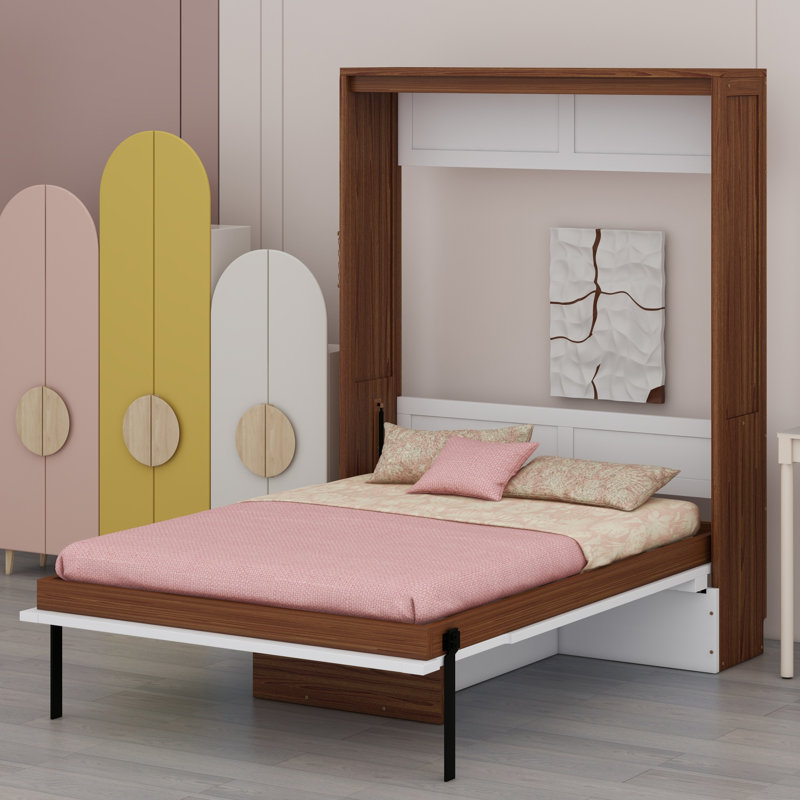 Murphy Bed With Foldable Desk – Space Saving Wall Bed, Walnut/White