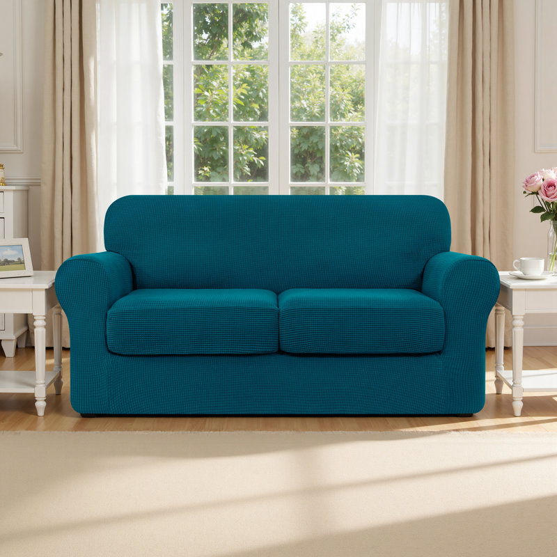 3 Piece Stretch Jacquard Couch Cover, Sofa Slipcover for 2 Cushion Couch, Machine Washable Furniture Protector(Loveseat, Turquoise)