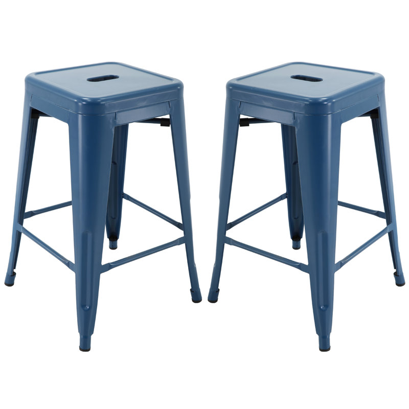 Almodovar 24" 24 Inch Metal Bar Stools, Backless Counter Height Barstools, Stackable Stools with Square, Indigo Blue