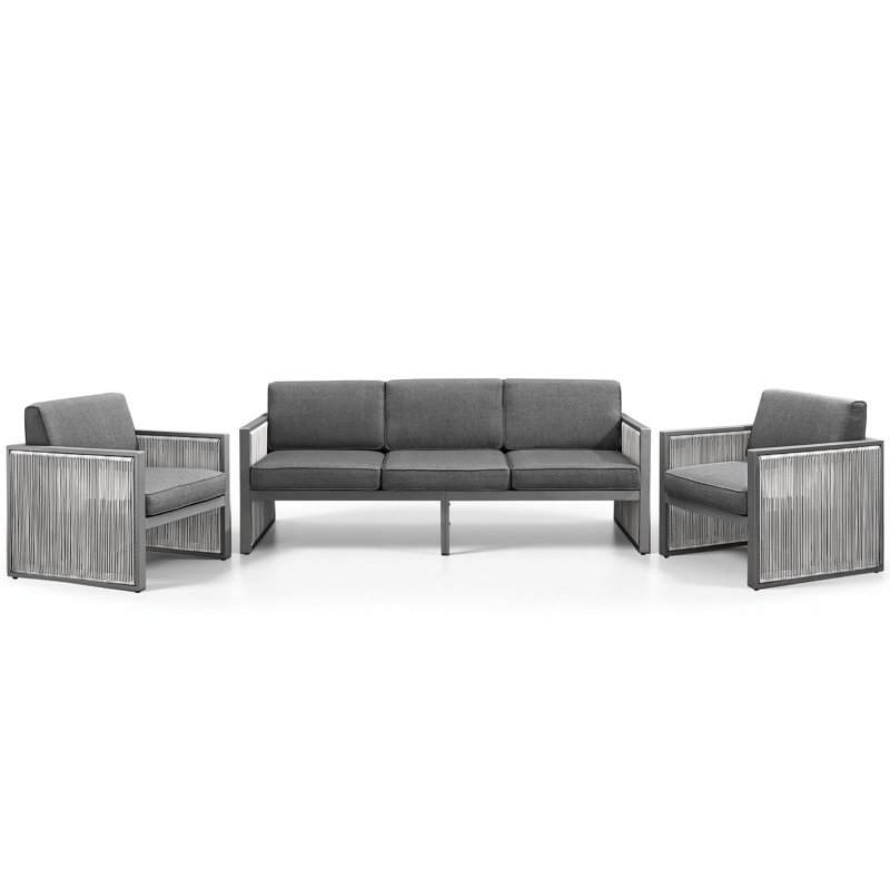 Ensemble de patio d'extérieur en osier avec coussins 3 pièces Trinie, Gris foncé