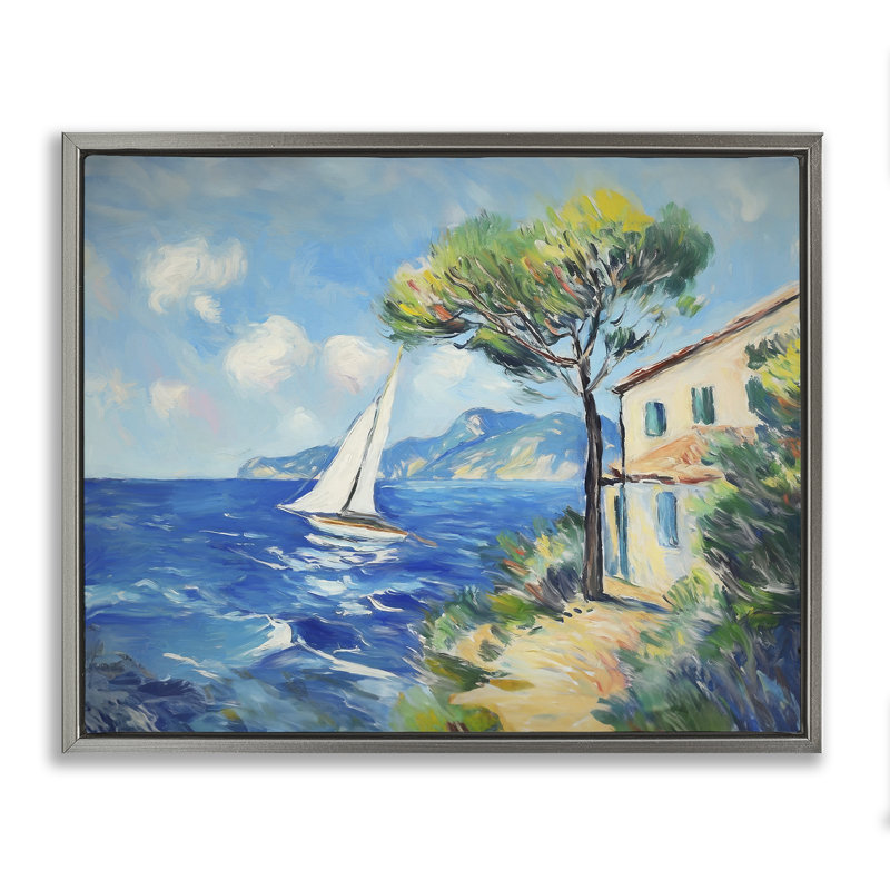 Voilier et plage, art mural encadré par Ramona Murdock, Cadre flottant gris lustré, H 17 po x l 21 po