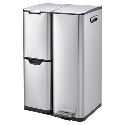Triple Compartment Kitchen Trash & Recycling Bin – 16 Gallon Stainless Steel Indoor Waste Can