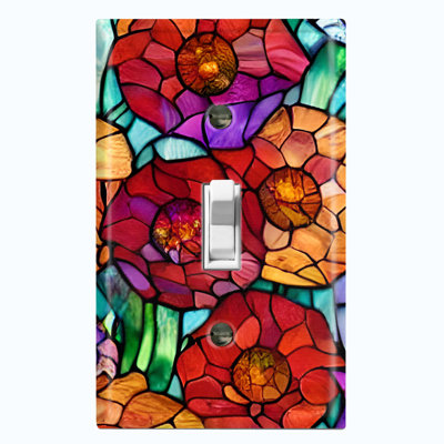 Metal Light Switch Plate Outlet Cover (Colorful Flower Tile Glass Print - Single Toggle)