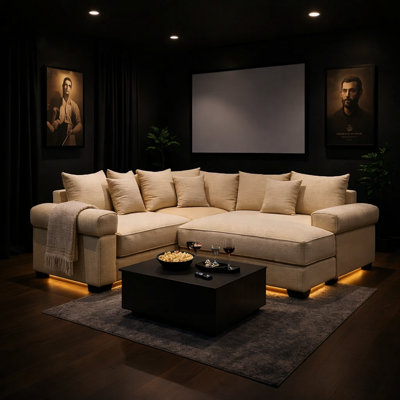 Oversized Modular Home Theater Sofa with Chaise, Soft Corduroy Upholstery, Deep Seating Comfort, Extra-Wide Armrests, Movable Ottoman by Everly Quinn