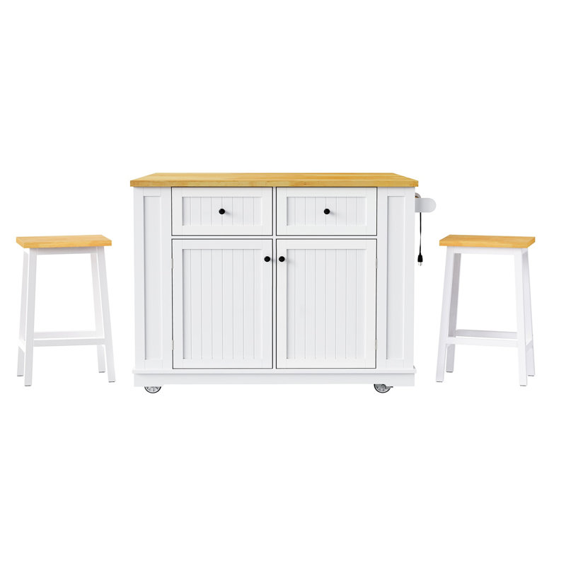 Chariot pour îlot de cuisine de 48 pouces avec rangement interne, prise de courant, 5 roulettes, 2 tiroirs, tablettes réglables, grand abattant à thème blanc, support de rangement, roulettes pour et salle à manger,