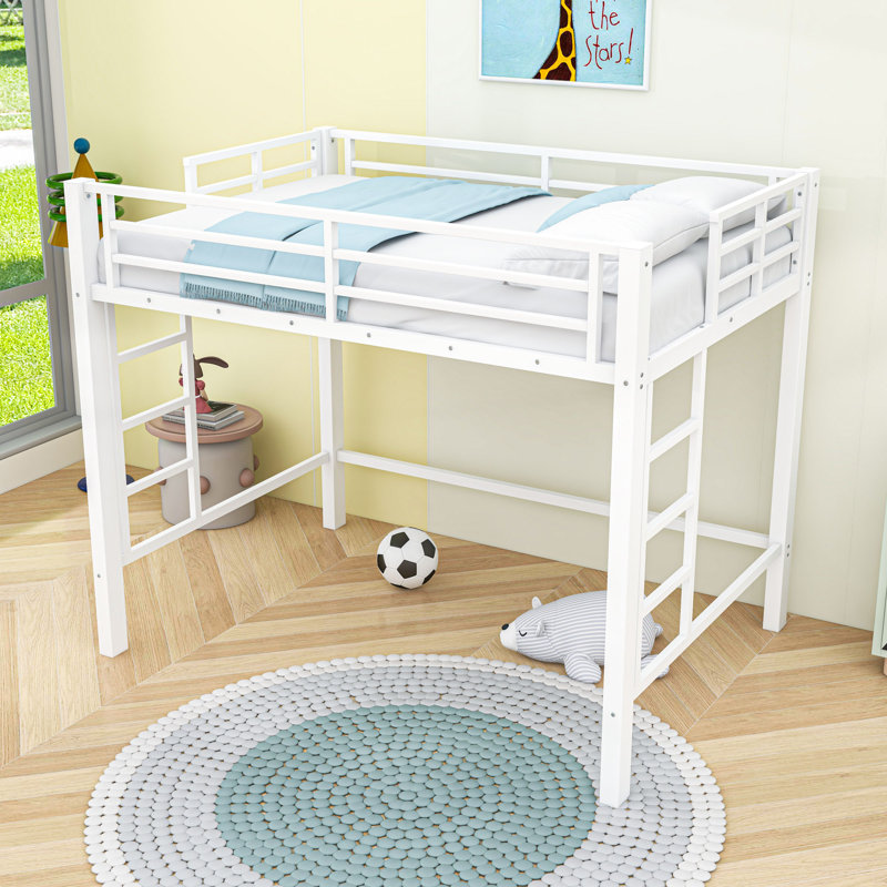 Metal Loft Bed with Dual Ladders and Slats,Guardrails, Full
