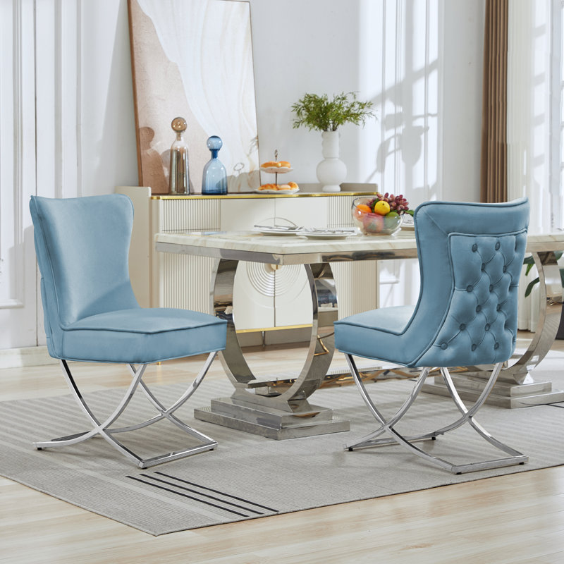 Charys Tufted Velvet Upholstered Cross Legs Parsons Dining Chair, Light Blue  