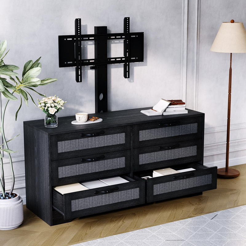 Meuble télé 47,2 po avec support et 6 tiroirs en rotin, centre de divertissement moderne et console de rangement pour téléviseurs de 32 à 85 po