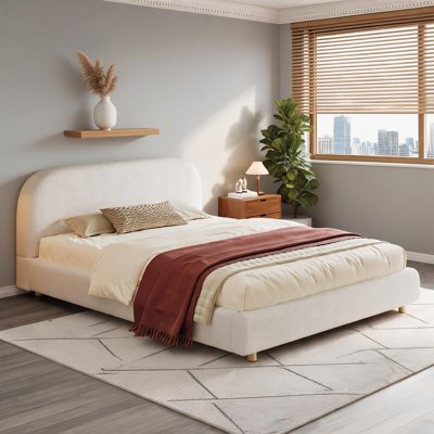 Soft White Boucle Upholstered Queen Size Platform Bed, Curved Thick Headboard with Solid Wood Legs for Bedroom Use