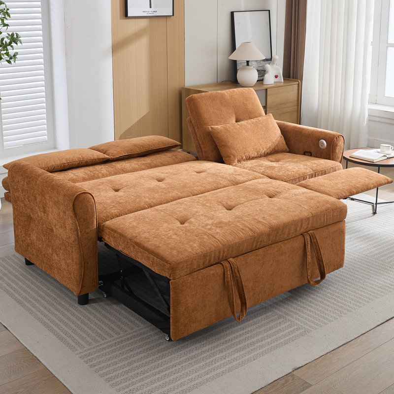 82" Modern 3 -Seater Reversible Recliner Sofa,Convertible Full Sleeper Sofa Bed, Orange Chenille
