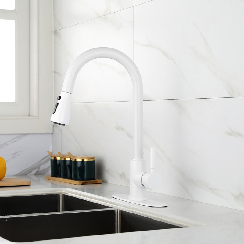 Modern Kitchen Faucet With Pull Out Spray - Stainless Steel, White Install Swiftly And Enjoyably, Precise Water Flow Temperature Control Choices Modern, Steel Easy Installation, Customizable