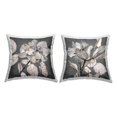 Gray Floral Close Up Neutral Flowers 2 Piece Outdoor Printed Pillow Set by Stellar Design Studio