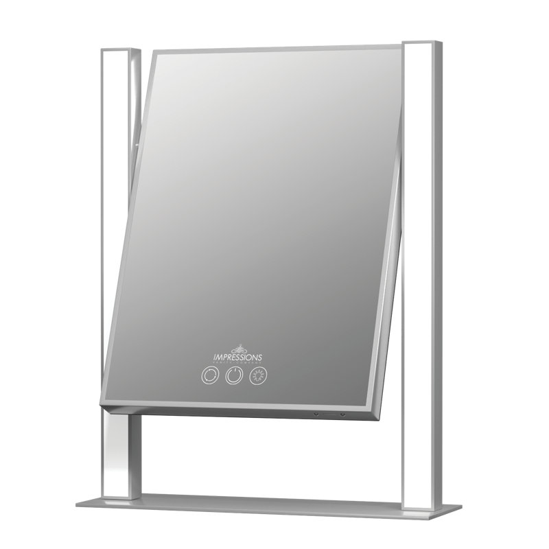 Ellston Nouveau Tri-Tone LED Makeup Mirror with Geometric Frame 360 Degree Swivel Desk Mirror with LED Light, Silver