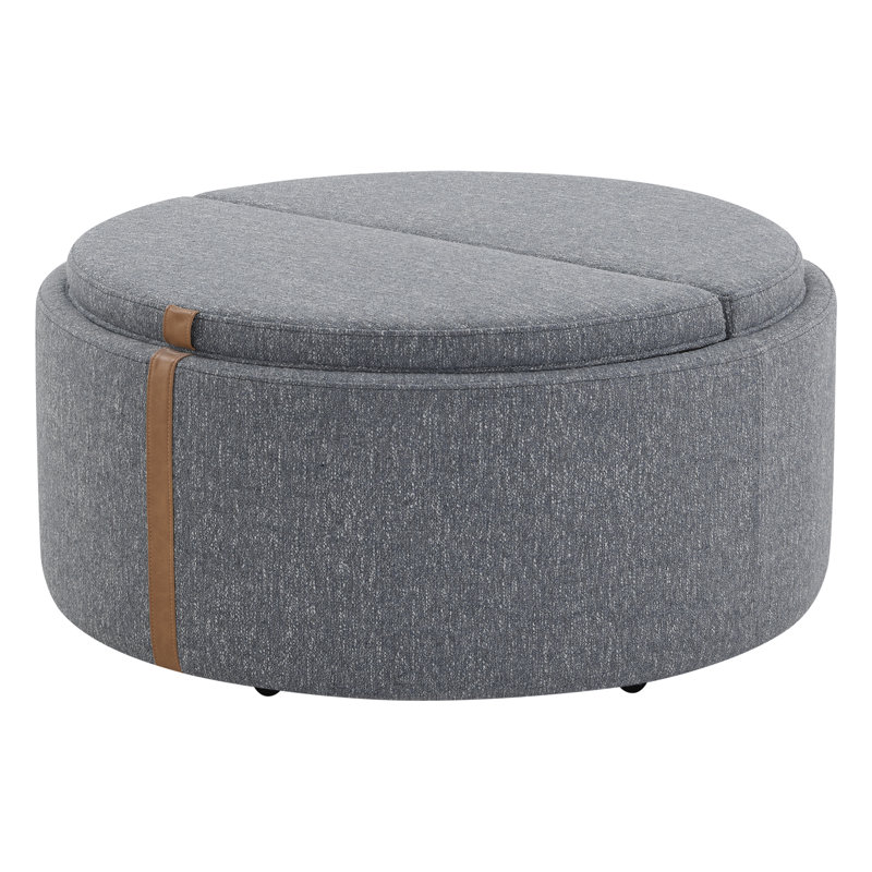 Koehn 35.8" Round Upholstered Reversible Wood Top Storage Ottoman, Gray